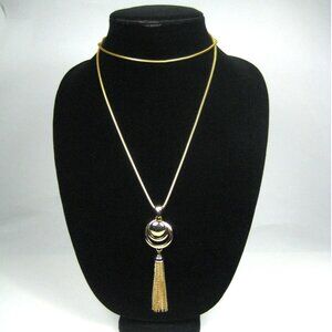 Goldtone Tassel Pendant Necklace 32 In Omega Chain Statement Modern Upcycled